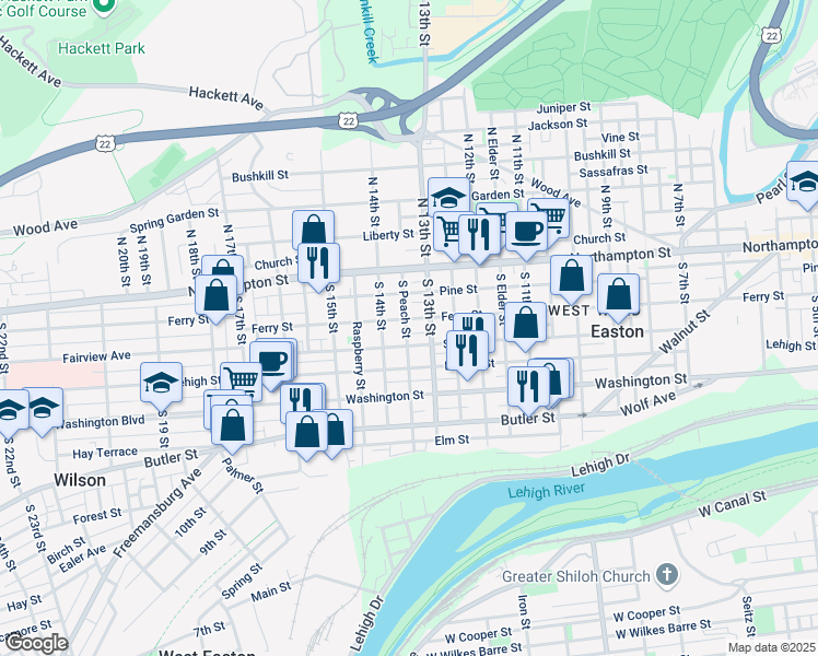 map of restaurants, bars, coffee shops, grocery stores, and more near 1343 Ferry Street in Easton