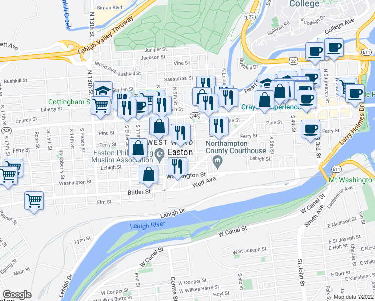 map of restaurants, bars, coffee shops, grocery stores, and more near 819 Spruce Street in Easton