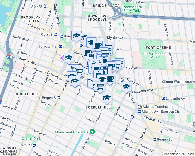 map of restaurants, bars, coffee shops, grocery stores, and more near 250 Livingston Street in Brooklyn