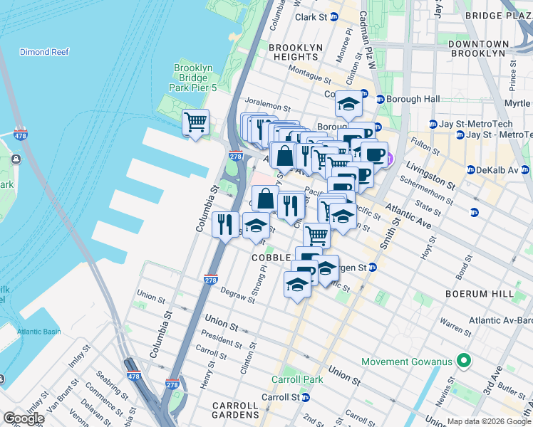 map of restaurants, bars, coffee shops, grocery stores, and more near 370 Henry Street in Brooklyn