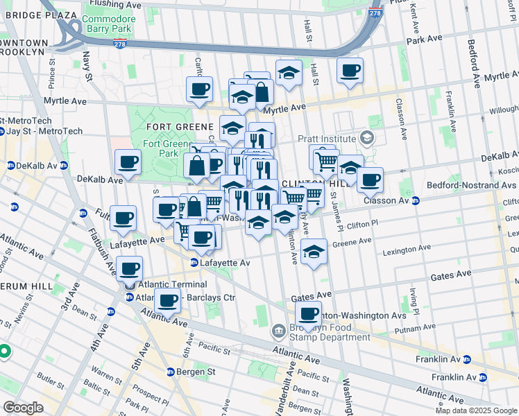 map of restaurants, bars, coffee shops, grocery stores, and more near 276 Vanderbilt Avenue in Brooklyn