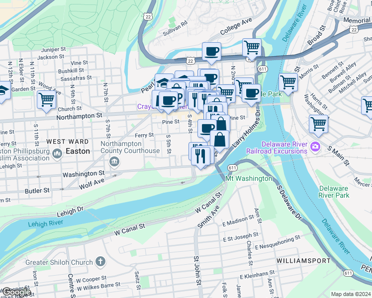 map of restaurants, bars, coffee shops, grocery stores, and more near 143 South 4th Street in Easton