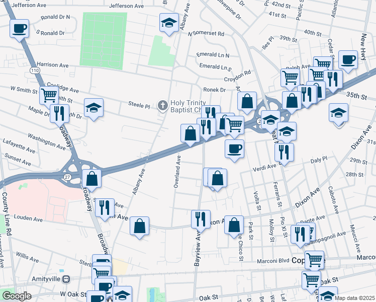 map of restaurants, bars, coffee shops, grocery stores, and more near 135 New York 27 in Amityville