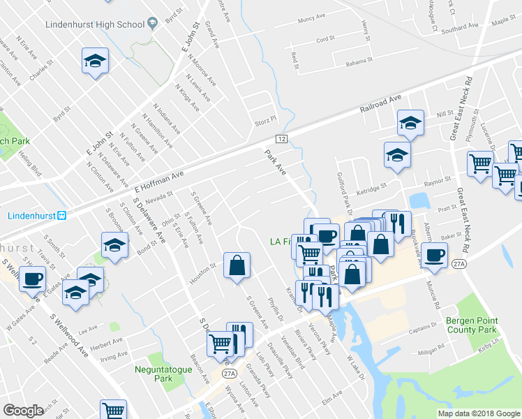 map of restaurants, bars, coffee shops, grocery stores, and more near 323 Vermont Street in Lindenhurst