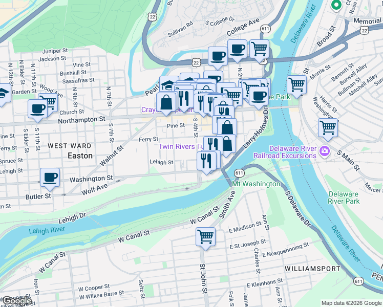 map of restaurants, bars, coffee shops, grocery stores, and more near 127 South 4th Street in Easton