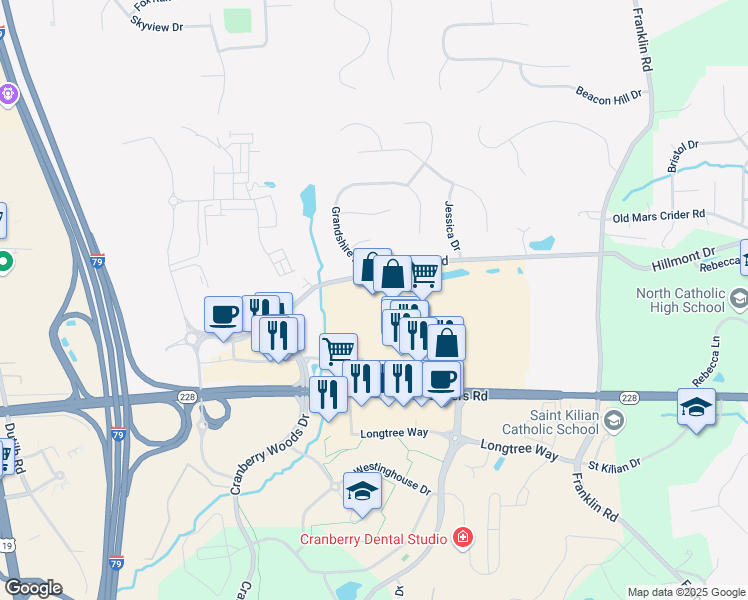 map of restaurants, bars, coffee shops, grocery stores, and more near 1717 Pennsylvania 228 in Cranberry Township