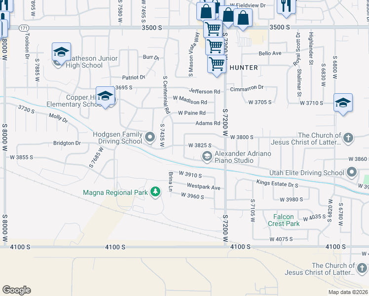 map of restaurants, bars, coffee shops, grocery stores, and more near 3847 South Majestic Way in Magna