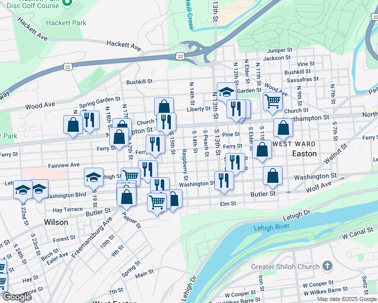 map of restaurants, bars, coffee shops, grocery stores, and more near 1418 Ferry Street in Easton