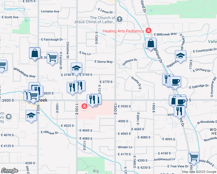 map of restaurants, bars, coffee shops, grocery stores, and more near 1260 East 3770 South in Millcreek