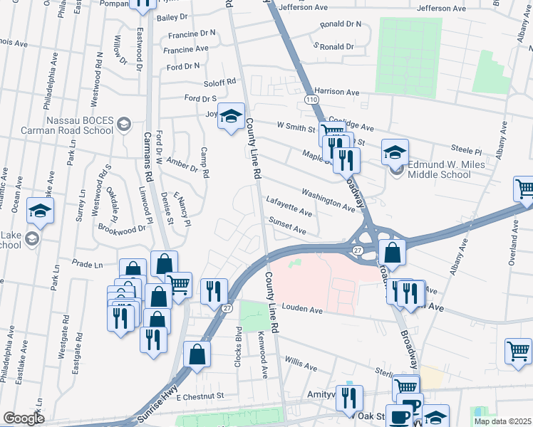 map of restaurants, bars, coffee shops, grocery stores, and more near 473 County Line Road in Amityville