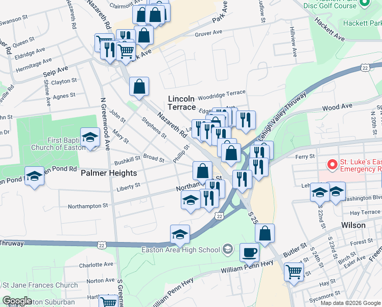 map of restaurants, bars, coffee shops, grocery stores, and more near 2568 Pennsylvania 248 in Easton