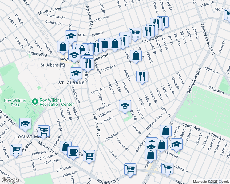 map of restaurants, bars, coffee shops, grocery stores, and more near 119-27 191st Street in Queens
