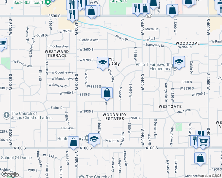 map of restaurants, bars, coffee shops, grocery stores, and more near 3816 Atlas Way in West Valley City