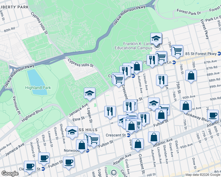 map of restaurants, bars, coffee shops, grocery stores, and more near Jamaica Avenue & Euclid Avenue in Brooklyn