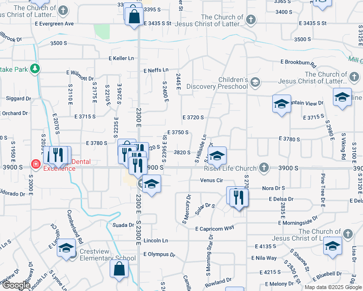 map of restaurants, bars, coffee shops, grocery stores, and more near 3803 South Arnett Circle in Salt Lake City