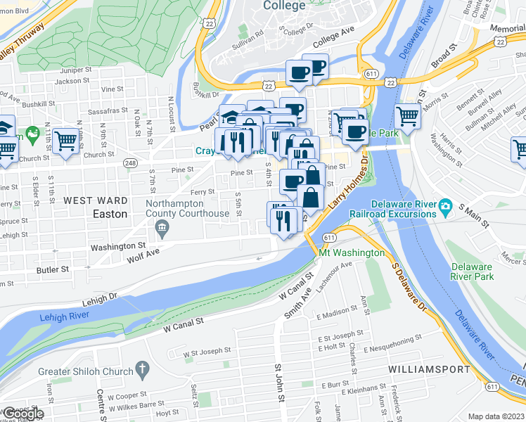 map of restaurants, bars, coffee shops, grocery stores, and more near 147 South 4th Street in Easton
