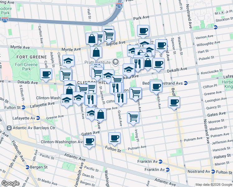 map of restaurants, bars, coffee shops, grocery stores, and more near Grand Avenue in Brooklyn
