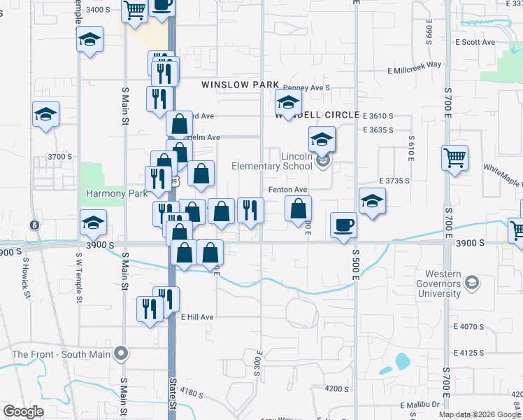 map of restaurants, bars, coffee shops, grocery stores, and more near 275 Rigdon Avenue in South Salt Lake