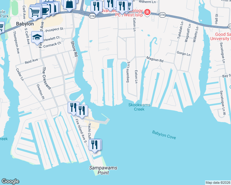 map of restaurants, bars, coffee shops, grocery stores, and more near 221 Sequams Lane Center in West Islip