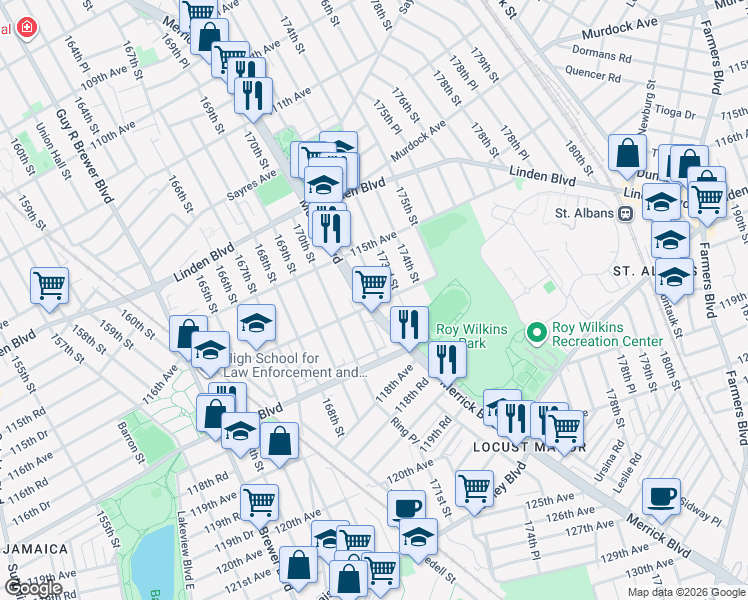map of restaurants, bars, coffee shops, grocery stores, and more near 115-50 173rd Street in Queens