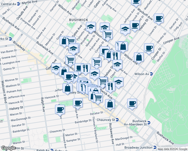 map of restaurants, bars, coffee shops, grocery stores, and more near 1086 Hancock Street in Brooklyn