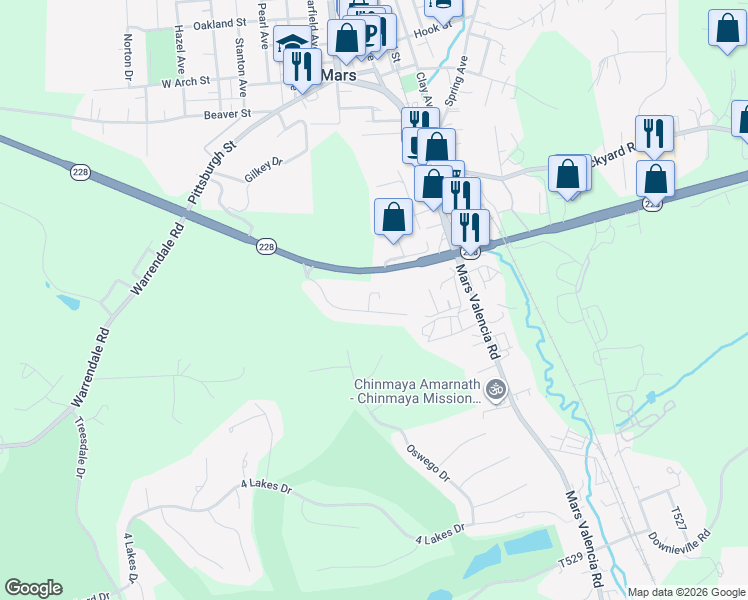 map of restaurants, bars, coffee shops, grocery stores, and more near 1202 Shinnecock Court in Mars