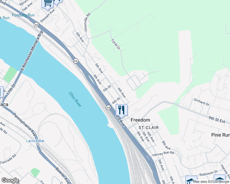 map of restaurants, bars, coffee shops, grocery stores, and more near 440 5th Street in Freedom