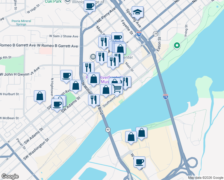 map of restaurants, bars, coffee shops, grocery stores, and more near 323 Southwest Washington Street in Peoria