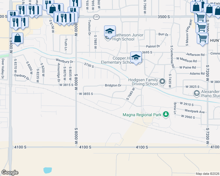 map of restaurants, bars, coffee shops, grocery stores, and more near South 7790 West in Magna