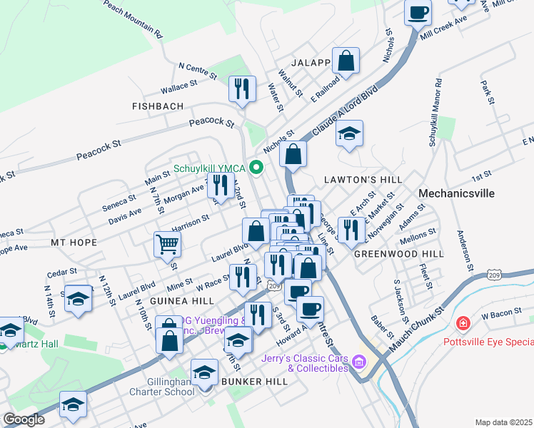 map of restaurants, bars, coffee shops, grocery stores, and more near 450 North Centre Street in Pottsville