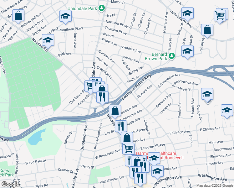 map of restaurants, bars, coffee shops, grocery stores, and more near 923 Lee Road in Uniondale