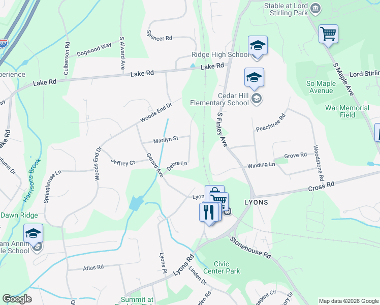 map of restaurants, bars, coffee shops, grocery stores, and more near 37 Marilyn Street in Basking Ridge