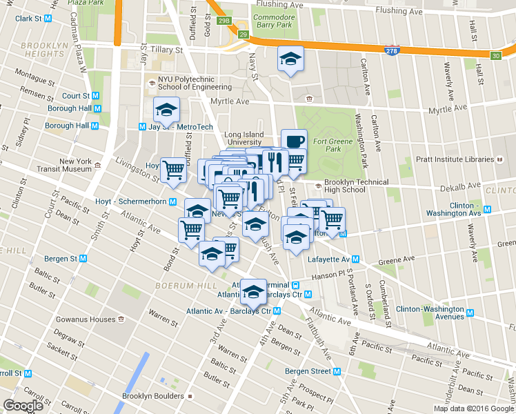 map of restaurants, bars, coffee shops, grocery stores, and more near 10 MetroTech Center in Brooklyn