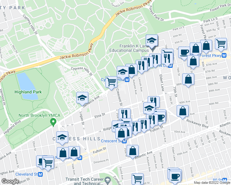 map of restaurants, bars, coffee shops, grocery stores, and more near 24 Crescent Street in Brooklyn