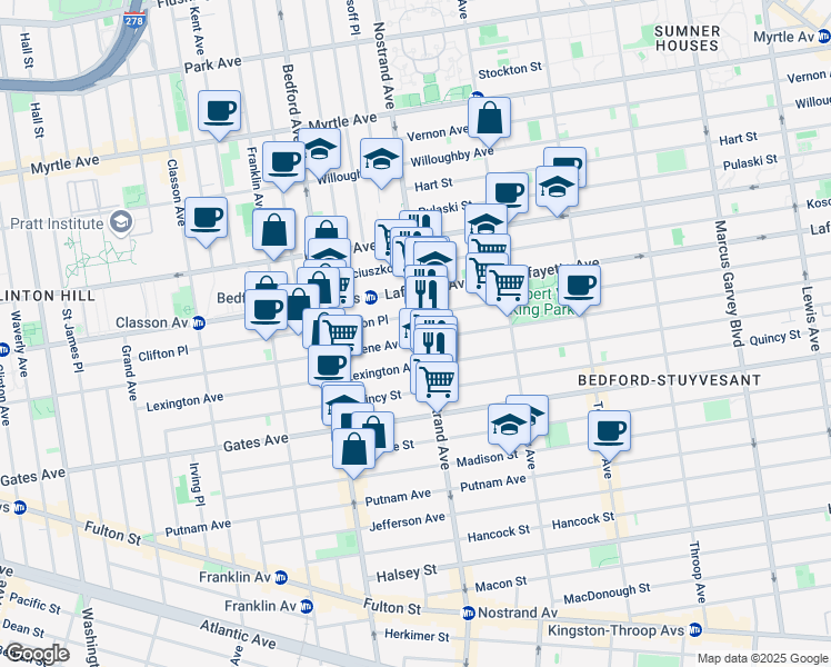 map of restaurants, bars, coffee shops, grocery stores, and more near 328 Clifton Place in Brooklyn