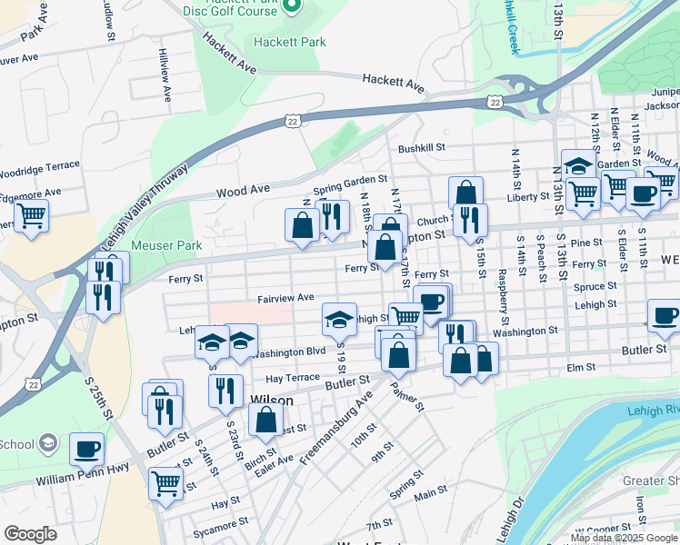 map of restaurants, bars, coffee shops, grocery stores, and more near 1864 Ferry Street in Easton