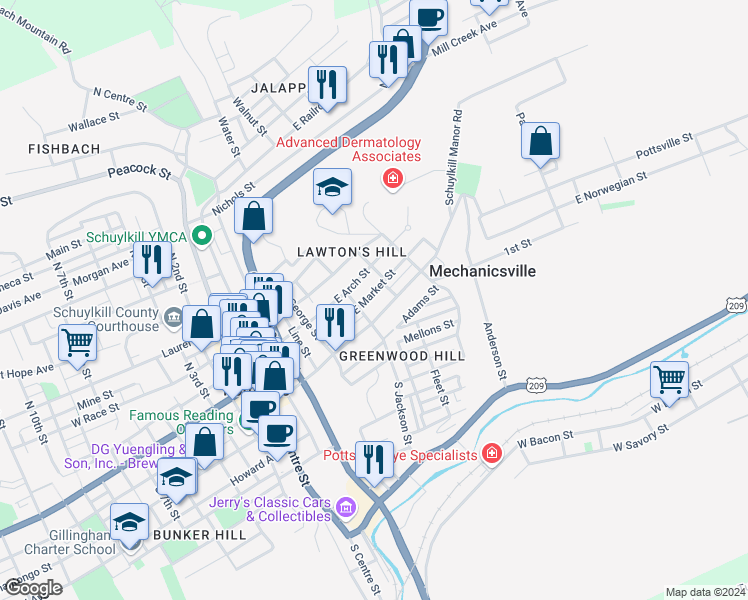 map of restaurants, bars, coffee shops, grocery stores, and more near 519 East Market Street in Pottsville