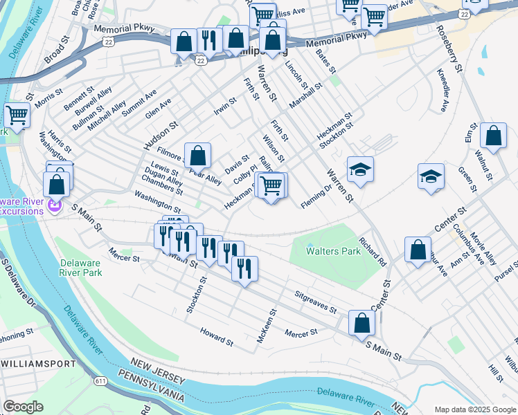 map of restaurants, bars, coffee shops, grocery stores, and more near 224 Stockton Street in Phillipsburg