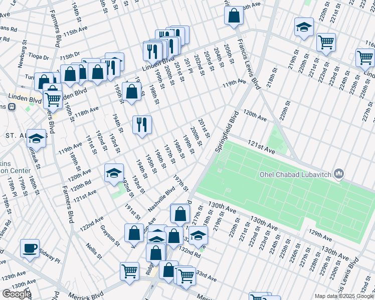 map of restaurants, bars, coffee shops, grocery stores, and more near 120-41 199th Street in Queens