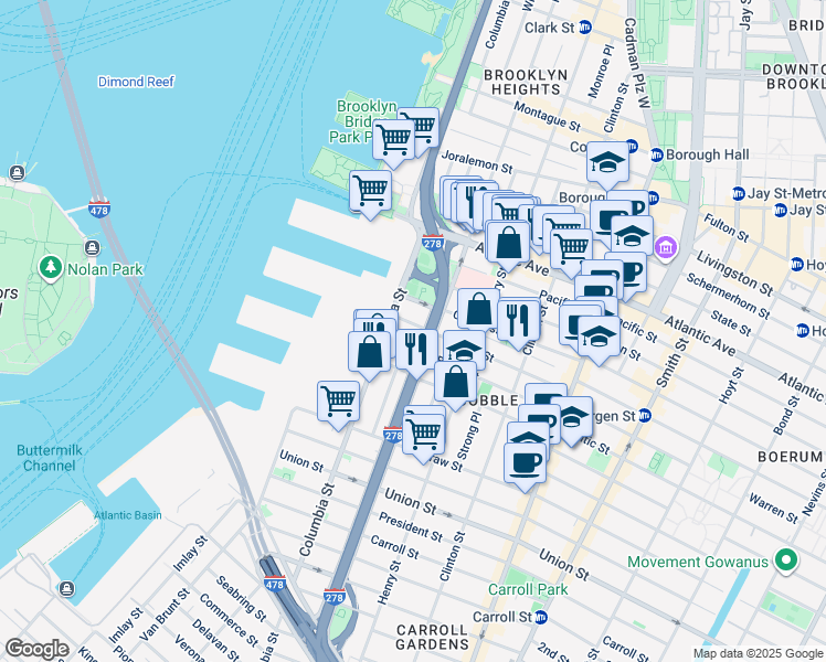 map of restaurants, bars, coffee shops, grocery stores, and more near 414 Hicks Street in Brooklyn