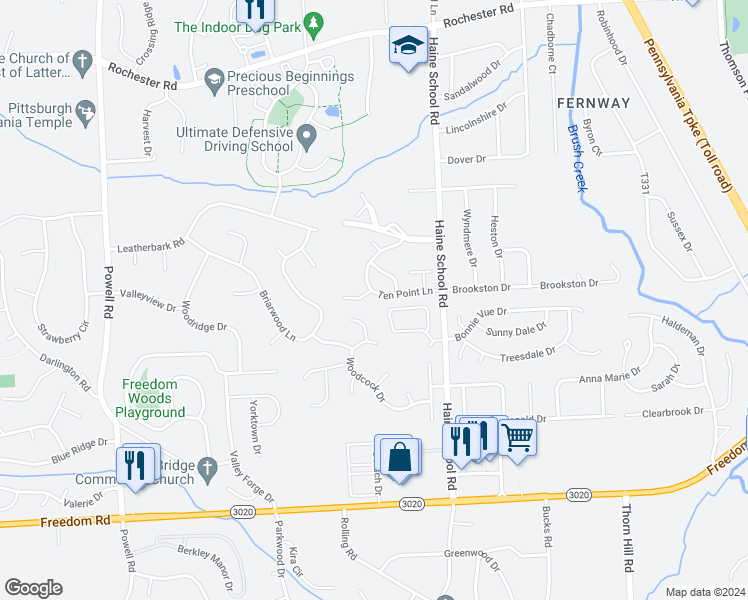 map of restaurants, bars, coffee shops, grocery stores, and more near 553 Ten Point Lane in Cranberry Township