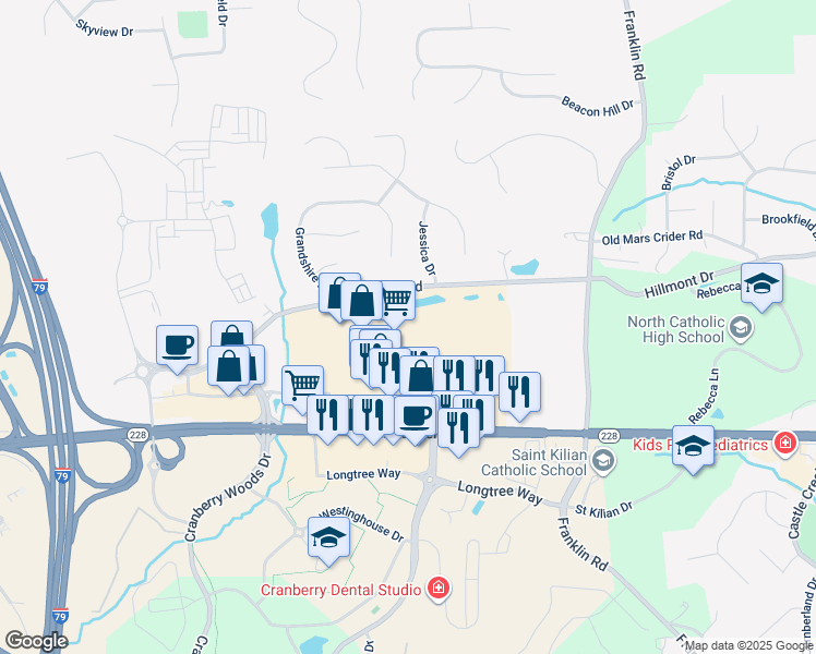 map of restaurants, bars, coffee shops, grocery stores, and more near 1717 Pennsylvania 228 in Cranberry Township