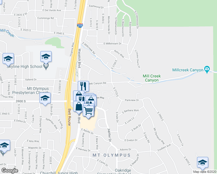 map of restaurants, bars, coffee shops, grocery stores, and more near 3665 East 3800 South in Salt Lake City