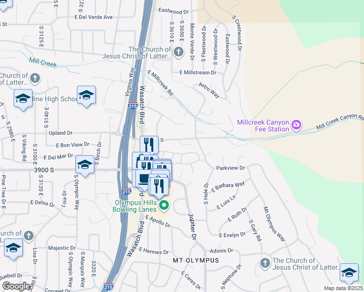 map of restaurants, bars, coffee shops, grocery stores, and more near 3665 East 3800 South in Salt Lake City