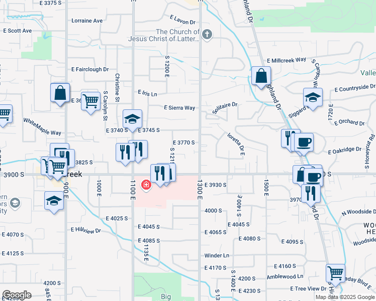 map of restaurants, bars, coffee shops, grocery stores, and more near 1260 East 3770 South in Millcreek