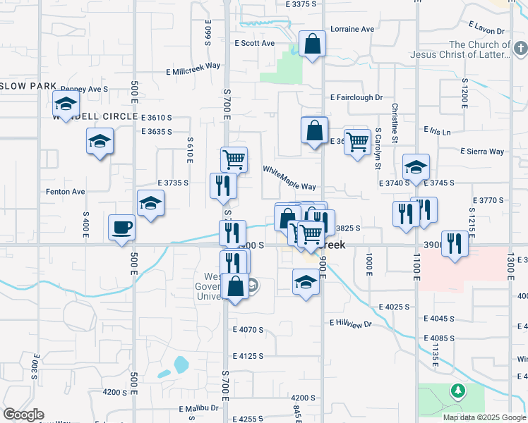 map of restaurants, bars, coffee shops, grocery stores, and more near 800 East 3785 South in Millcreek
