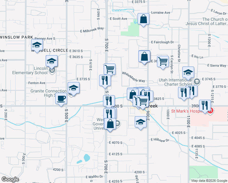 map of restaurants, bars, coffee shops, grocery stores, and more near 3855 South 700 East in Millcreek