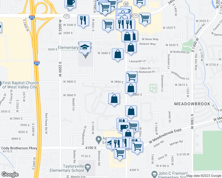 map of restaurants, bars, coffee shops, grocery stores, and more near 1722 West 3860 South in West Valley City