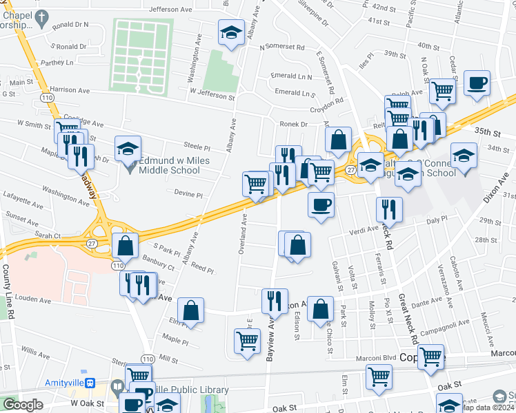 map of restaurants, bars, coffee shops, grocery stores, and more near 135 New York 27 in Amityville