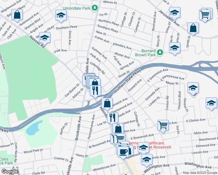 map of restaurants, bars, coffee shops, grocery stores, and more near 923 Lee Road in Uniondale
